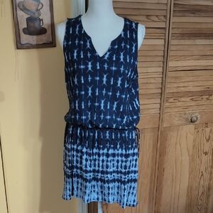 Pure Jill Linen Blend Dress Size M Indigo Blue Tie Dye Side Drawstring